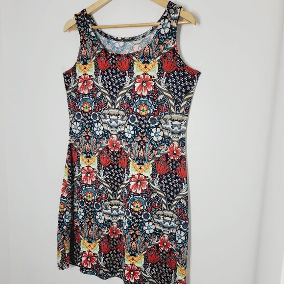 Women's Black Multicolored Floral Print Sleeveless Lightweight Casual Dress Sz L - Picture 2 of 7